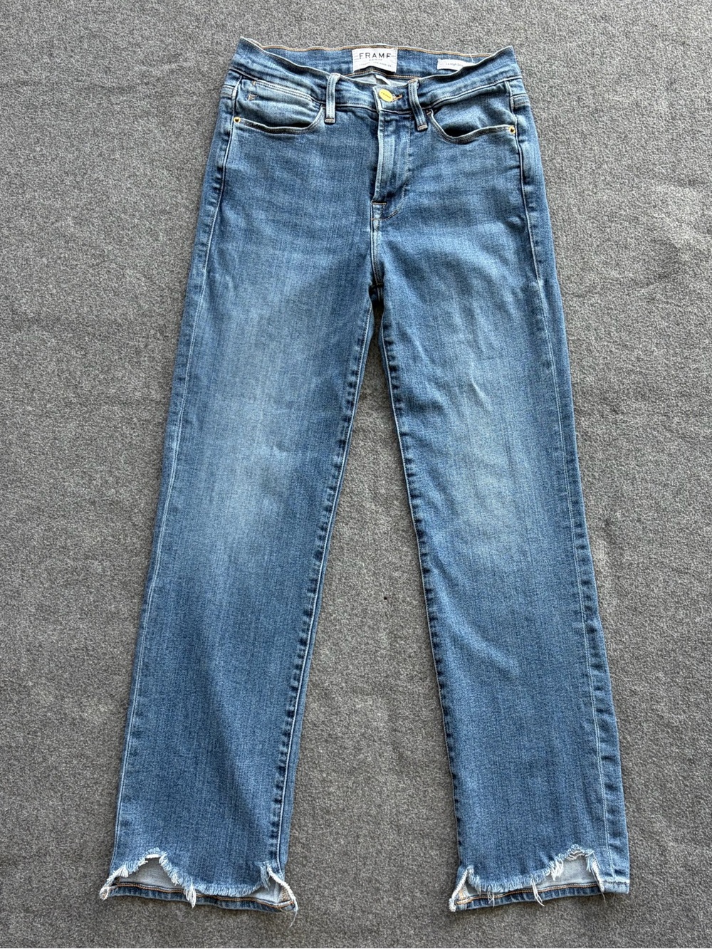 Frame Denim Jeans Le High Straight Raw Hem Medium Wash Stretch 25x26 Cristallo